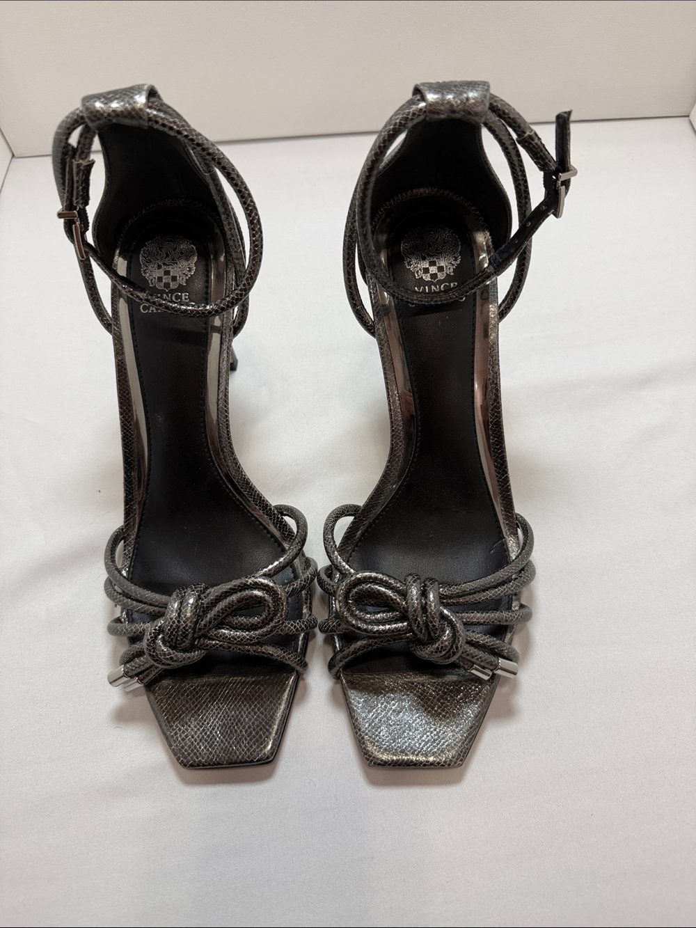 Vince Camuto Metallic Gray Knotted Ankle-Strap Heels Size 9.5